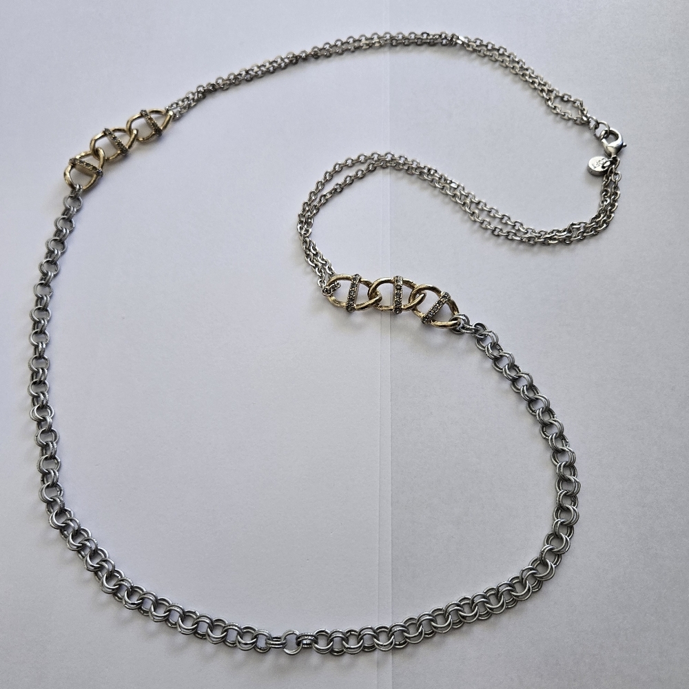 vintage LOFT layered long Necklace 2 tone chunky chain tiny crystals Art Deco